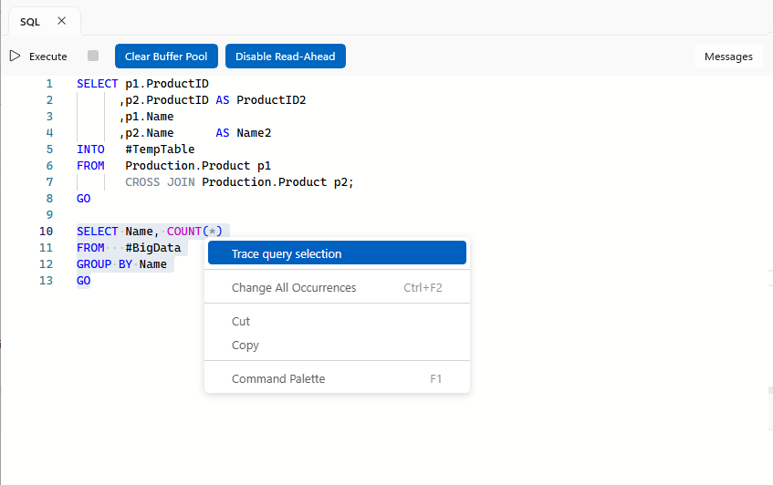 Trace query selection on the editor's right-click menu